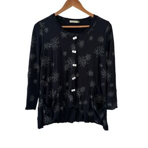 Chalet Et Ceci Floral Button Up Tunic Top Womens Size S Black Lagenlook Bamboo